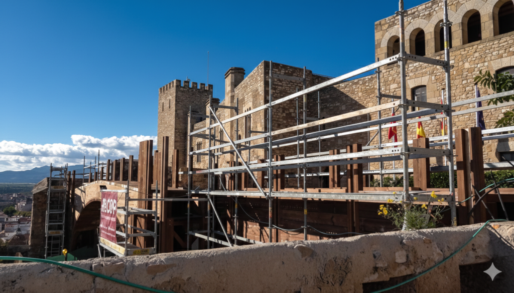 Obres de restauració i bastides a la façana de pedra del Parador de Tortosa, Baix Ebre.