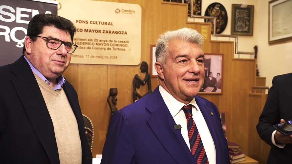Joan Laporta durant un acte de pre-campanya a la Cambra de Comerç de Tortosa, Terres de l'Ebre.