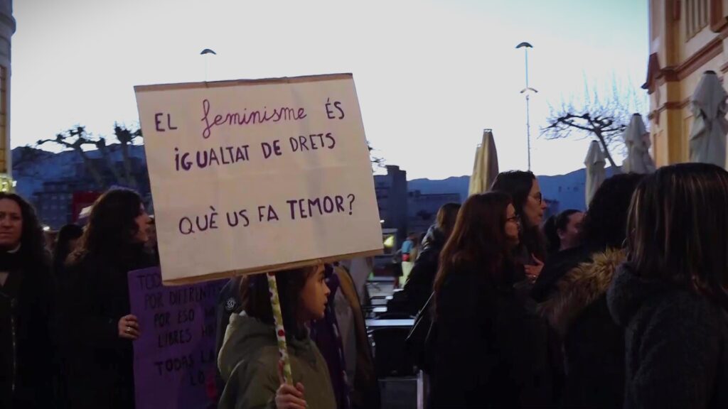 Grup de dones en una manifestació pel 8-M a les Terres de l'Ebre amb pancartes reivindicatives sobre el feminisme.