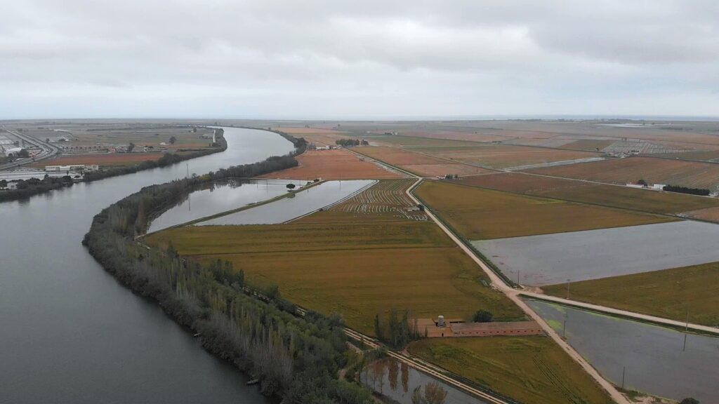 Vista aèria del pas del riu Ebre per la zona d'arrossars del Delta de l'Ebre en un dia ennuvolat a les Terres de l'Ebre.