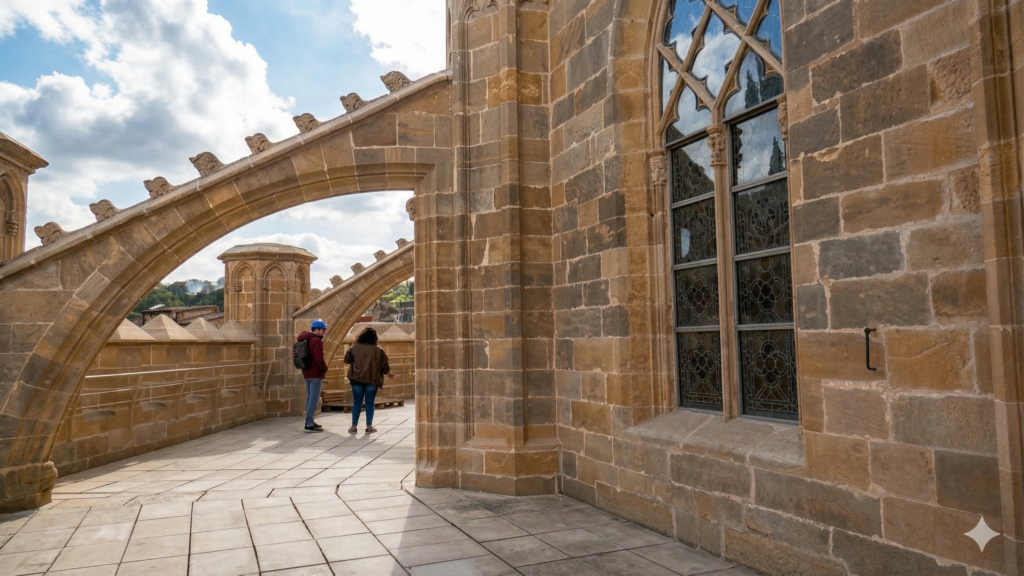 Dos persones visitant la coberta restaurada de l'absis de la Catedral de Tortosa amb els nous merlets i arcbotants al Baix Ebre.