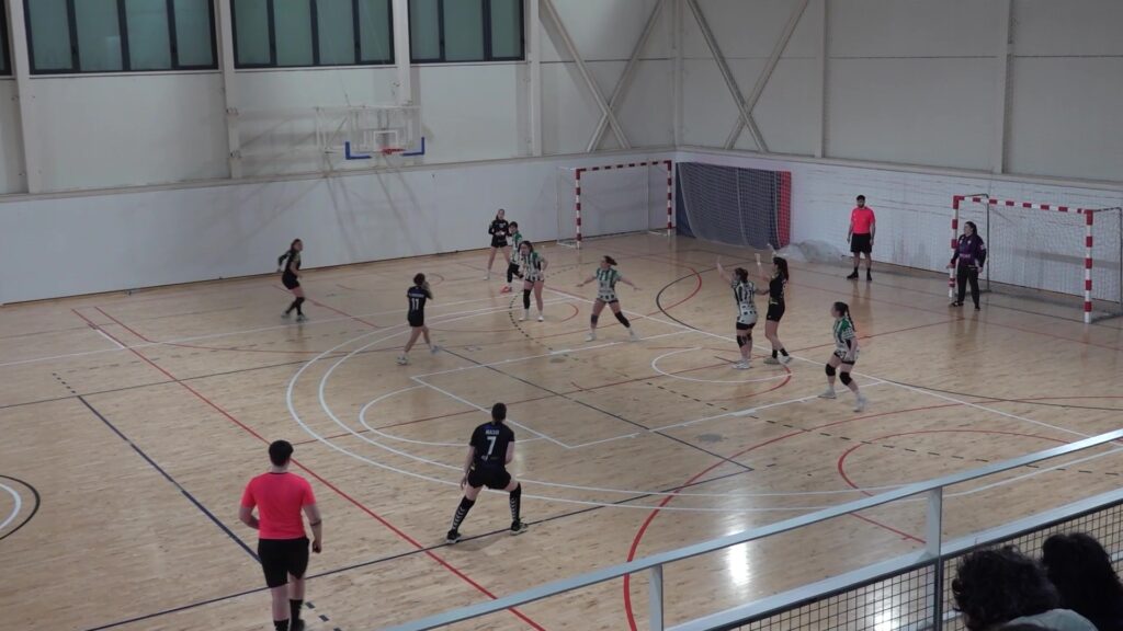 Jugadores del Club Handbol Amposta durant un atac en el partit contra l'Handbol Molins al pavelló d'Amposta.