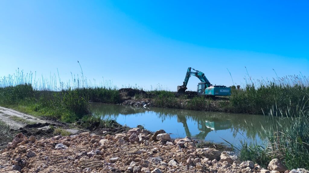 Maquinària pesant treballant en la restauració ambiental de la bassa de les Olles a l'Ampolla, Baix Ebre.