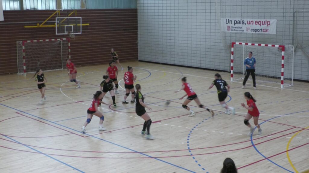 Jugadores d'handbol del CH Amposta i l'Handbol Ribes durant un partit de Copa Catalana a Amposta.