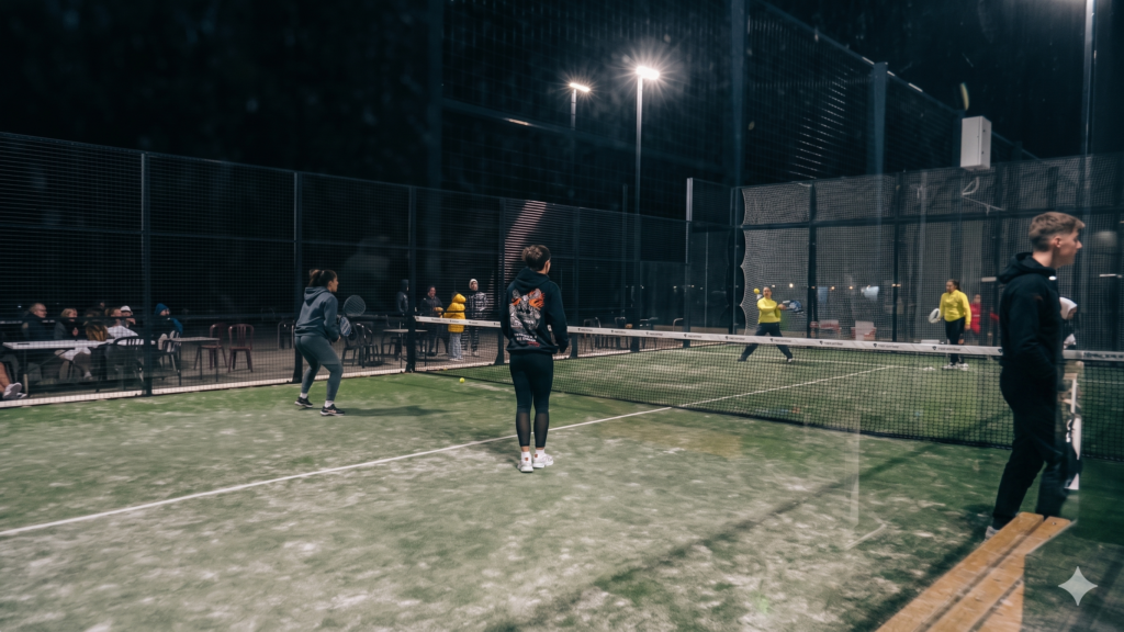 Jugadores i públic a les pistes municipals de Sant Jaume d'Enveja durant el primer torneig de pàdel nocturn organitzat a les Terres de l'Ebre.