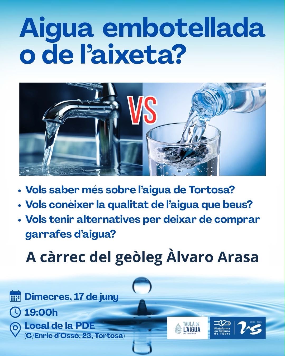 Cartell de la conferència sobre la qualitat de l'aigua de l'aixeta i embotellada a Tortosa, a la comarca del Baix Ebre.