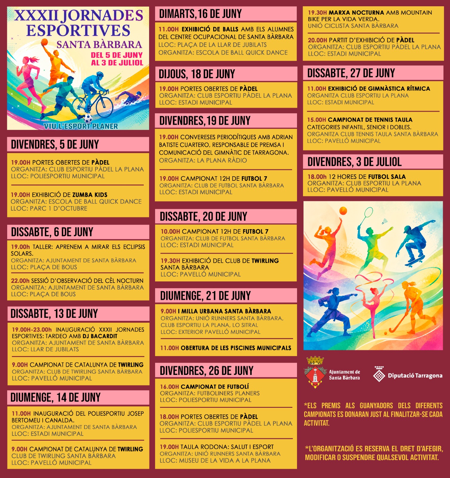 Cartell informatiu de la programació de les XXXII Jornades Esportives a Santa Bàrbara, al Montsià.