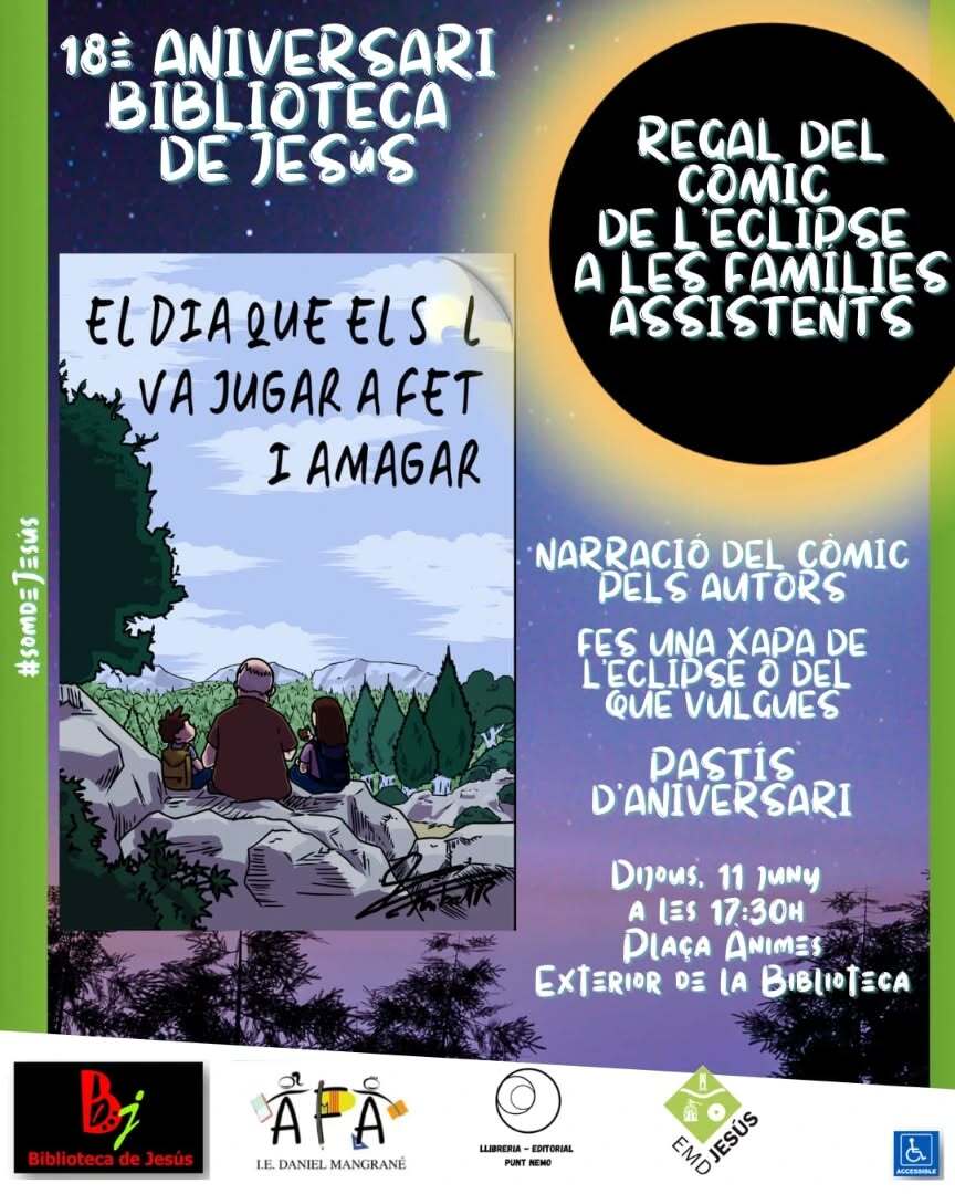Cartell oficial del 18è aniversari de la Biblioteca de Jesús amb la il·lustració en portada del còmic sobre l'eclipsi solar.