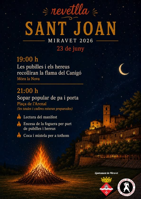 Cartell il·lustrat de la revetlla de Sant Joan 2026 a Miravet amb una gran foguera encesa i el poble de fons davall d'un cel estrellat.