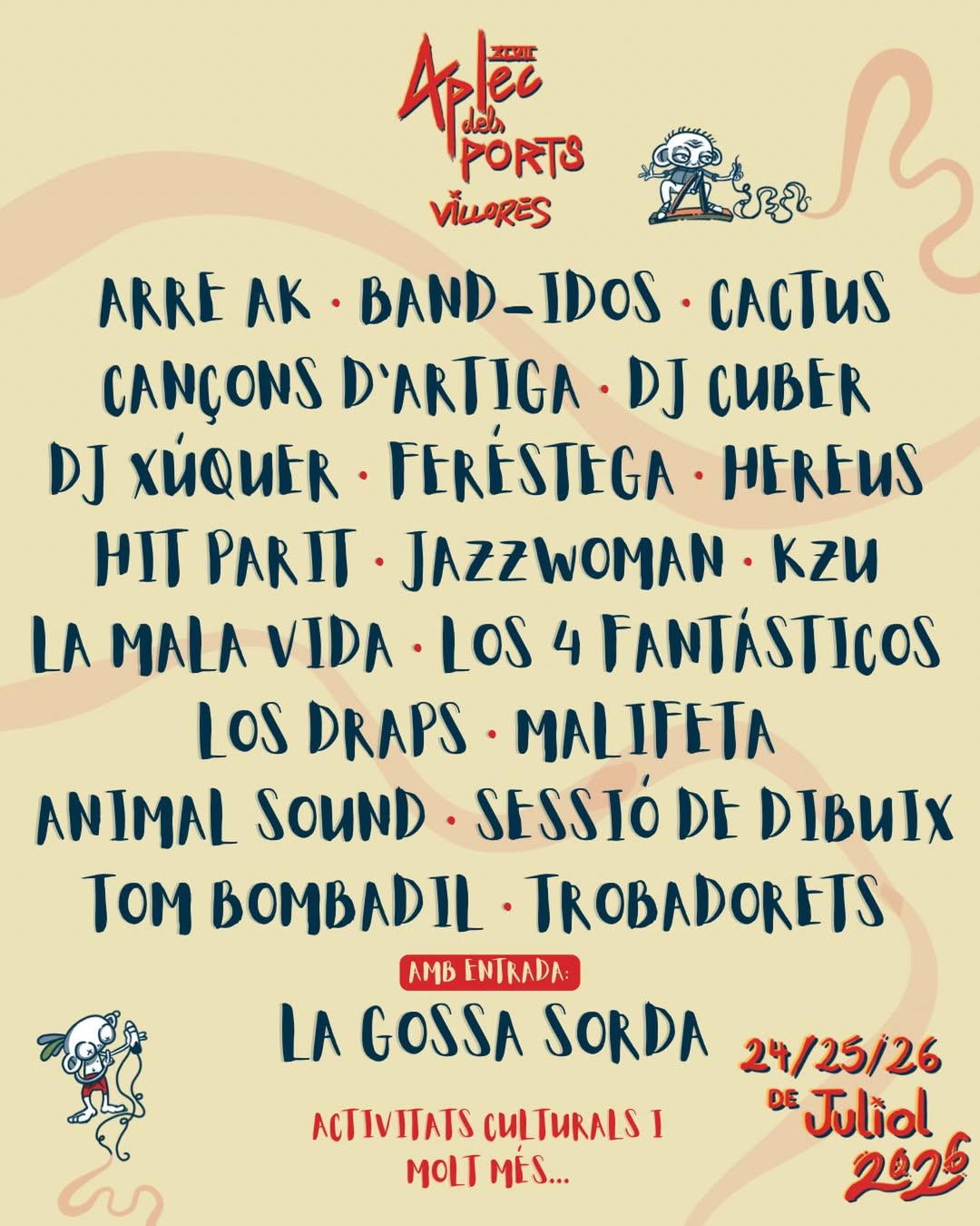 Cartell oficial amb la programació musical de la 47a edició de l'Aplec dels Ports a Villores.