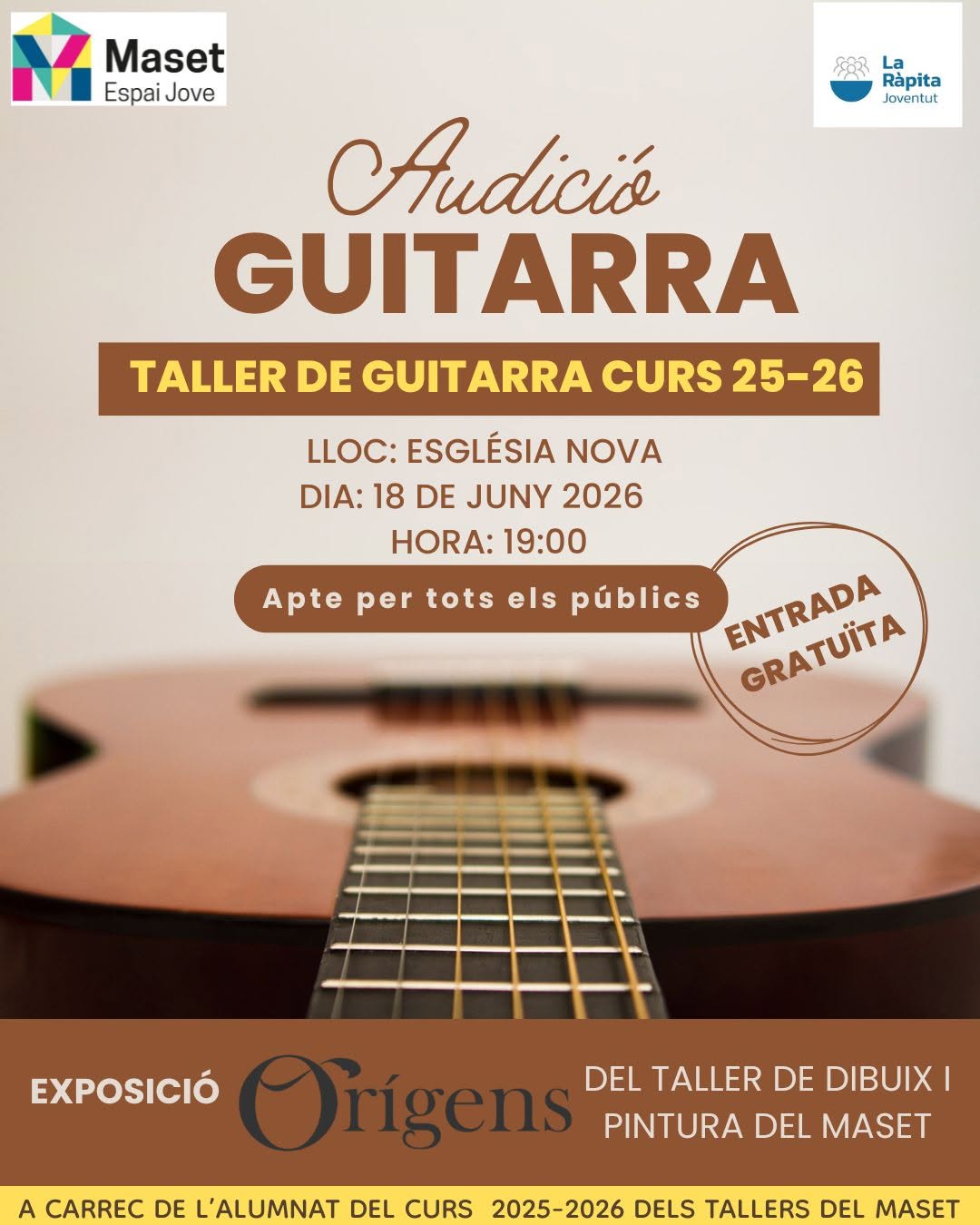 Cartell de l'audició de guitarra i de l'exposició Orígens organitzades pel Maset Espai Jove a la Ràpita, al Montsià.
