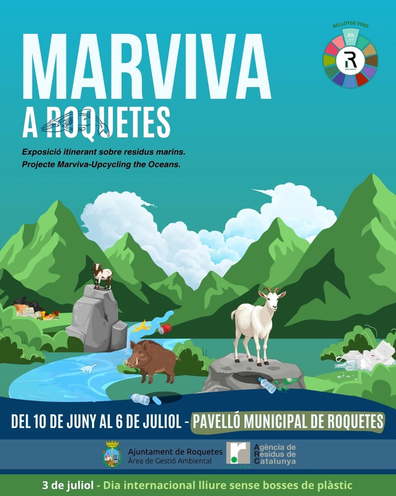Cartell de l'exposició 'Marviva' sobre residus marins al Pavelló Municipal de Roquetes, el Baix Ebre.