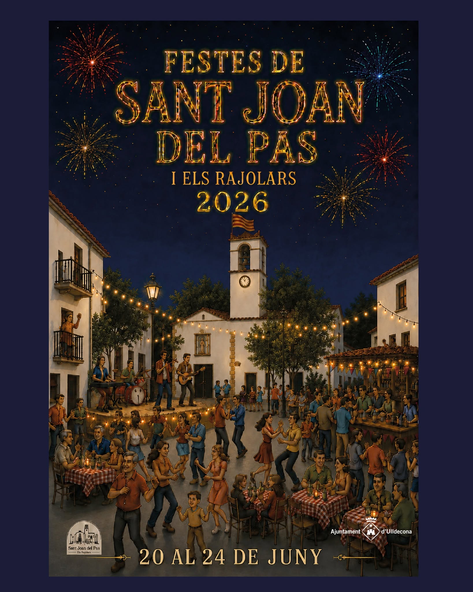 Cartell il·lustrat de les Festes de Sant Joan del Pas i Els Rajolars 2026 a Ulldecona amb veïns ballant a la plaça Major.