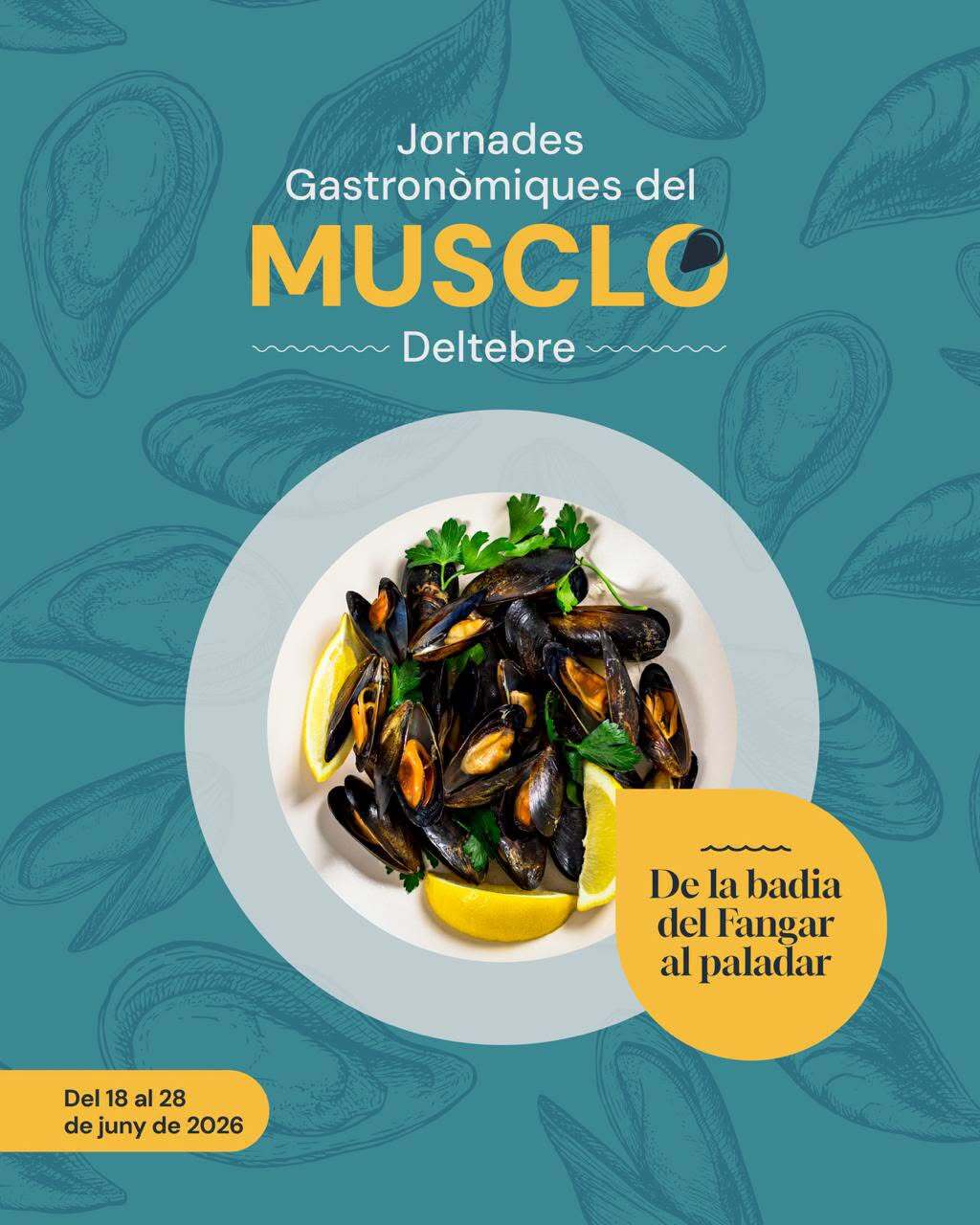 Cartell de les Jornades Gastronòmiques del Musclo a Deltebre amb un plat de musclos amb llima.