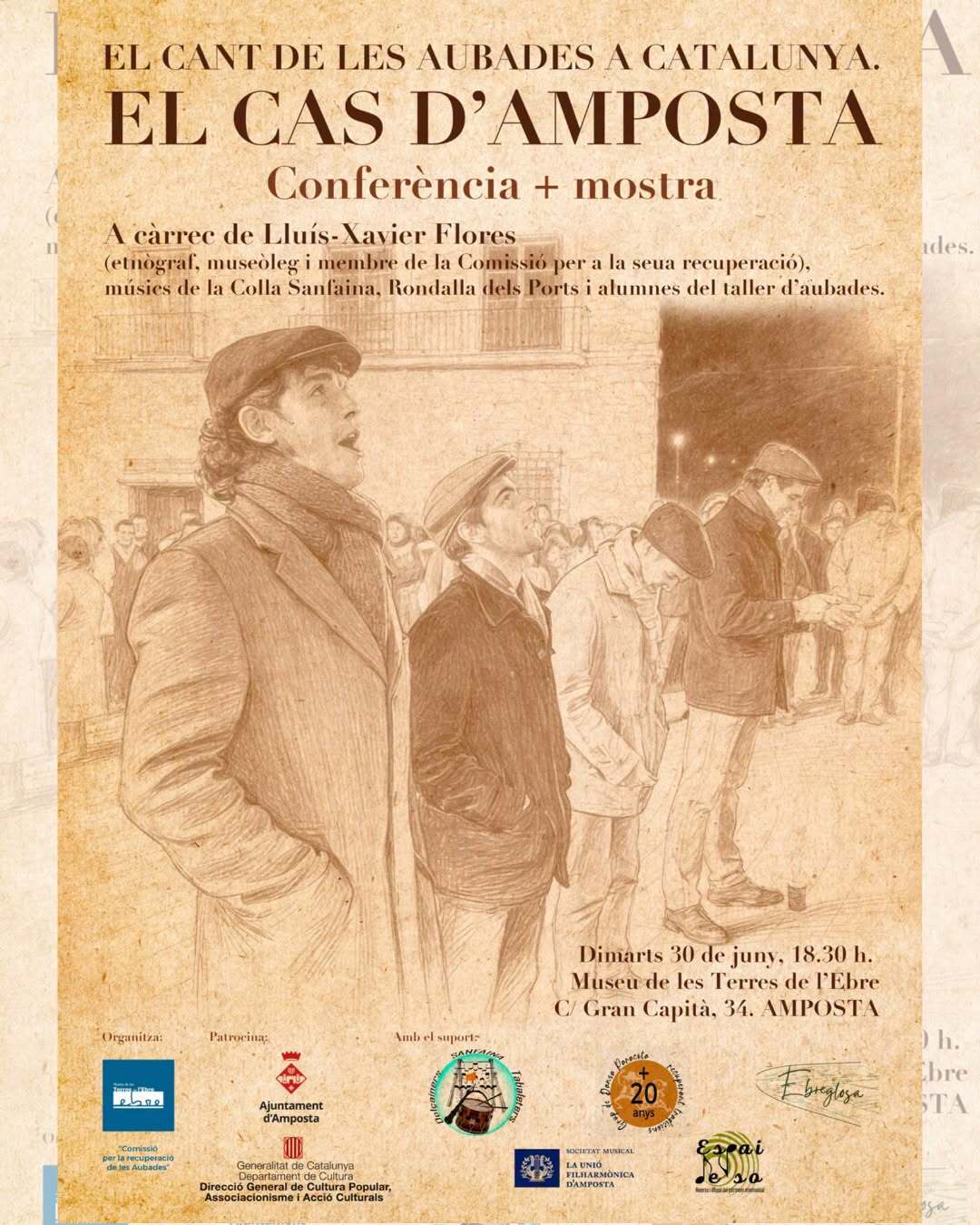 Cartell de la conferència sobre el cant de les aubades a Amposta, al Montsià.