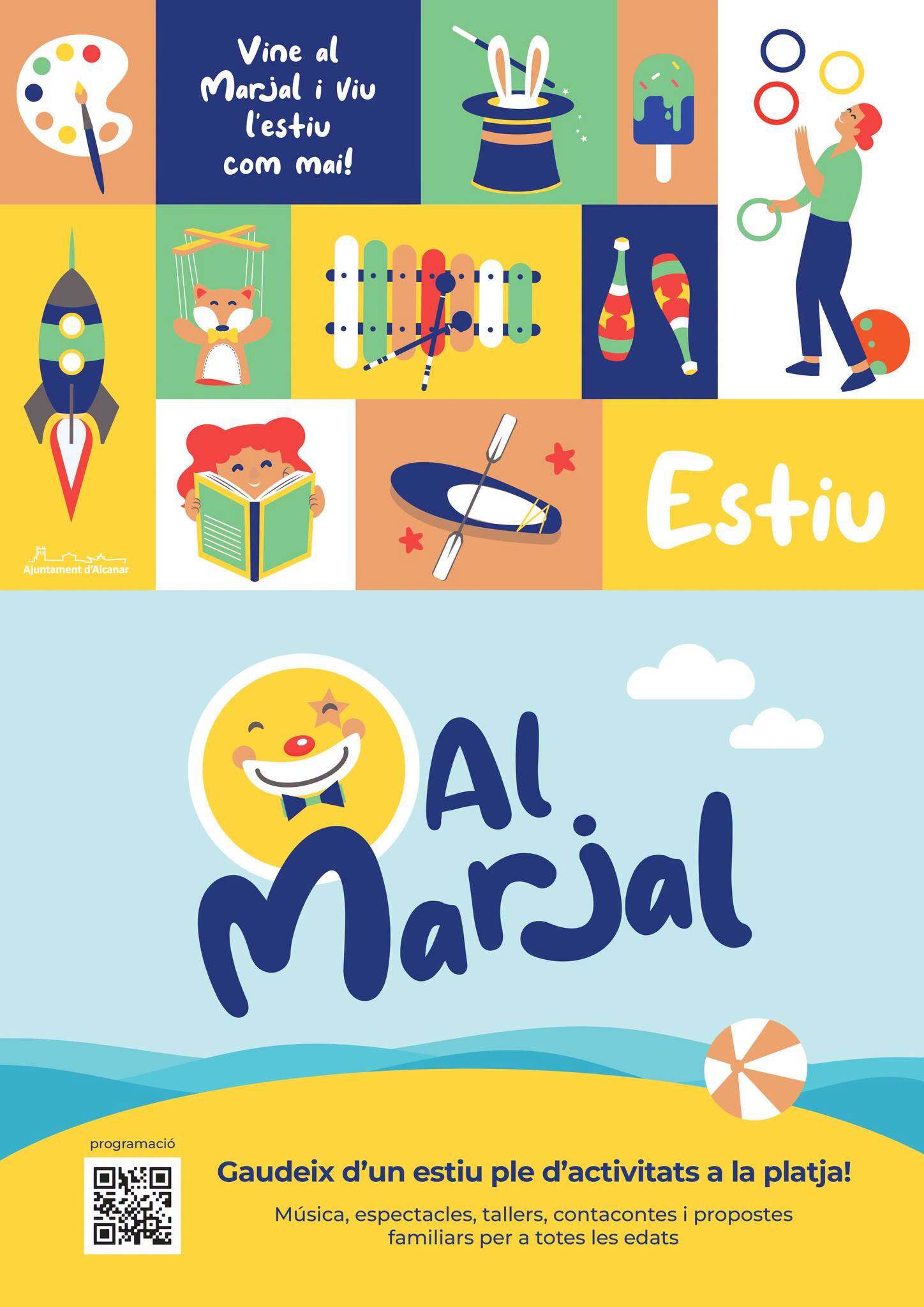 Cartell de les activitats infantils i familiars d'Estiu al Marjal a Alcanar, a les Terres de l'Ebre.