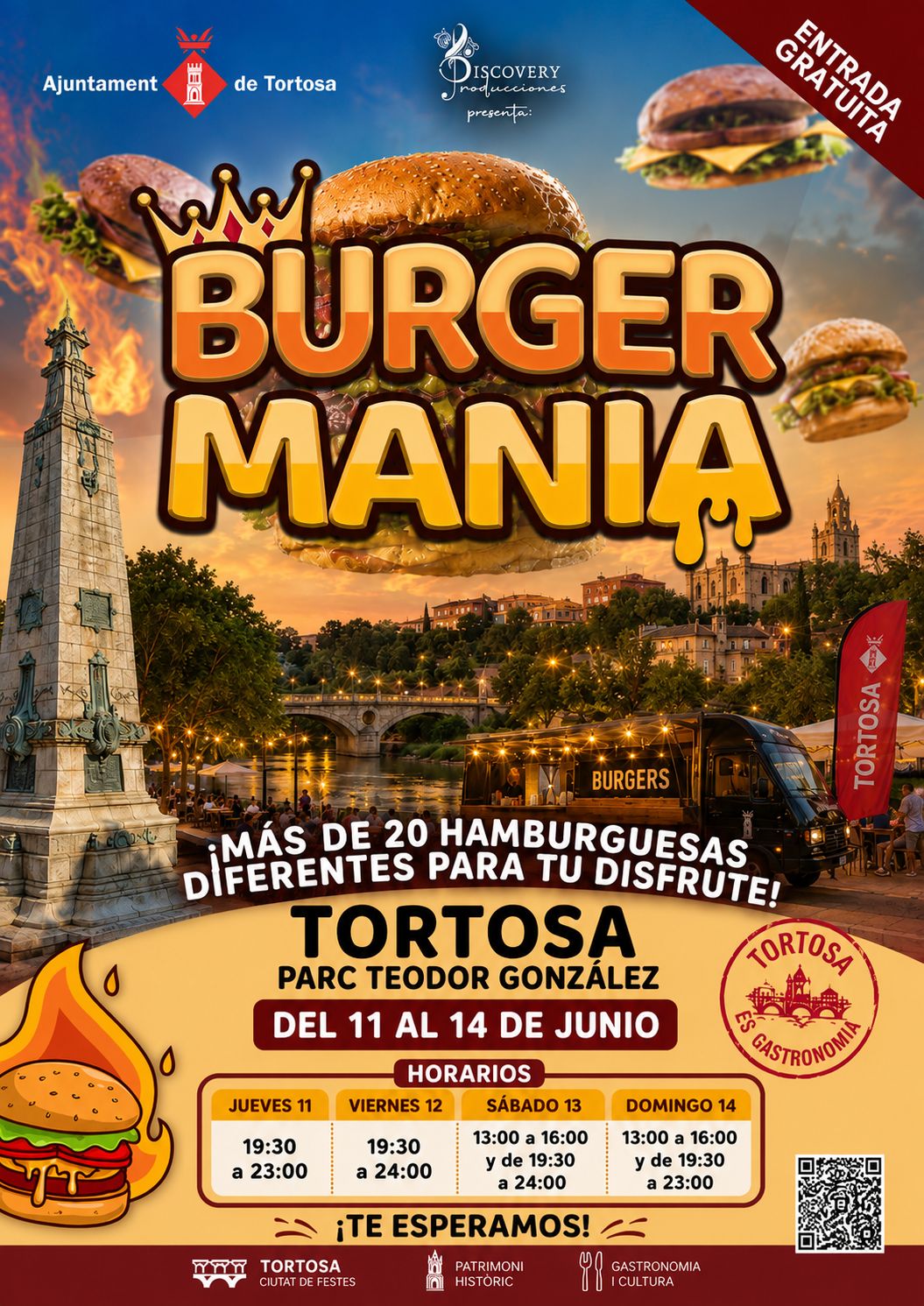 Cartell oficial de l'esdeveniment gastronòmic Burger Manía al parc Teodor González de Tortosa.