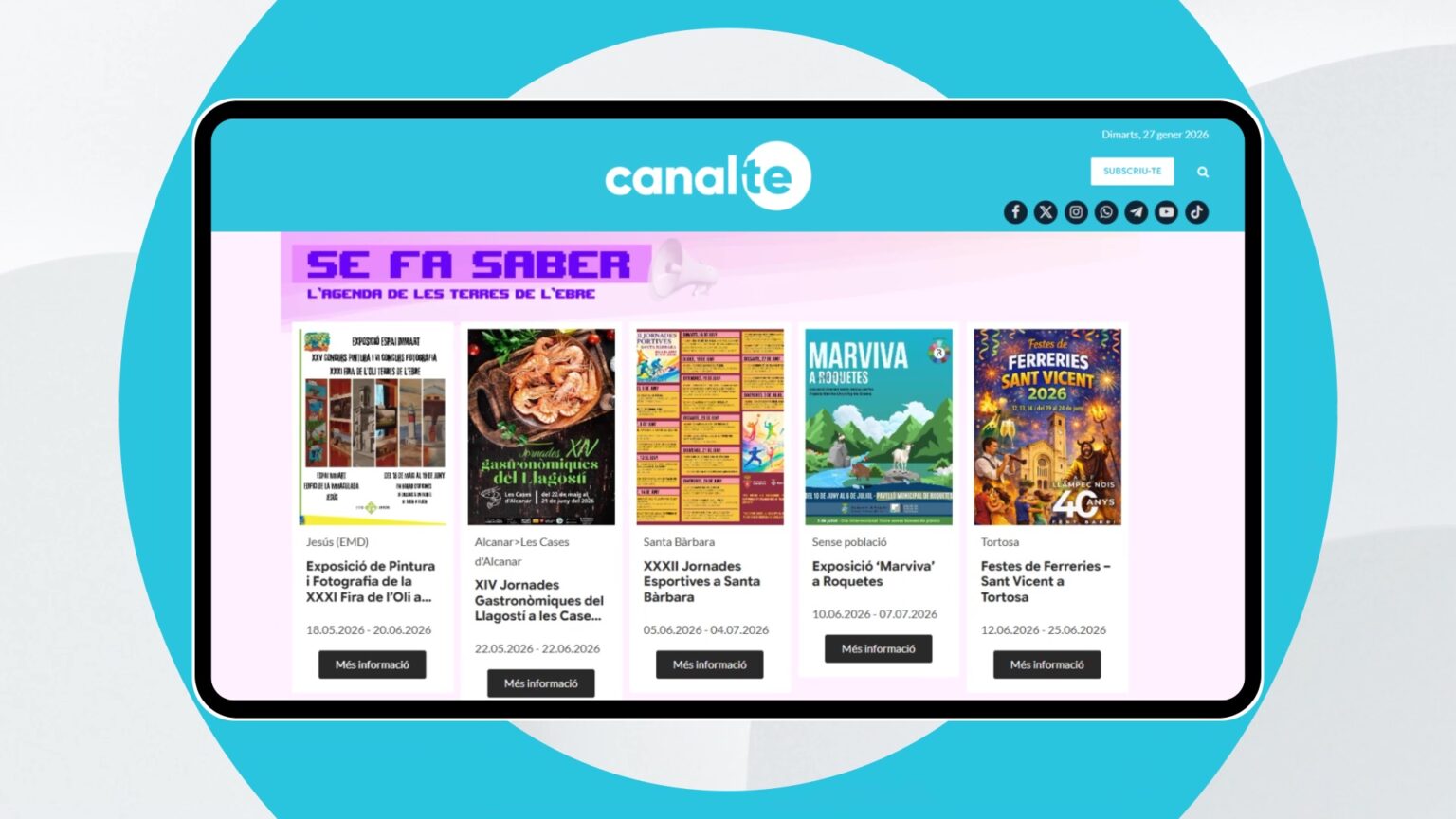 El diari digital www.canalte.cat s’amplia amb les seccions d’opinió i l’agenda de proximitat ‘Se Fa Saber’ Interfície web del nou apartat Se Fa Saber dins del portal digital www.canalte.cat de Canal TE a les Terres de l'Ebre.