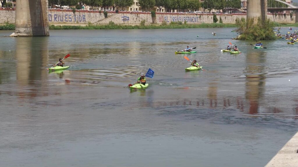 Nombroses piragües de color verd navegant pel riu Ebre al seu pas pel pont de Tortosa durant la celebració de la jornada reivindicativa de la PDE.