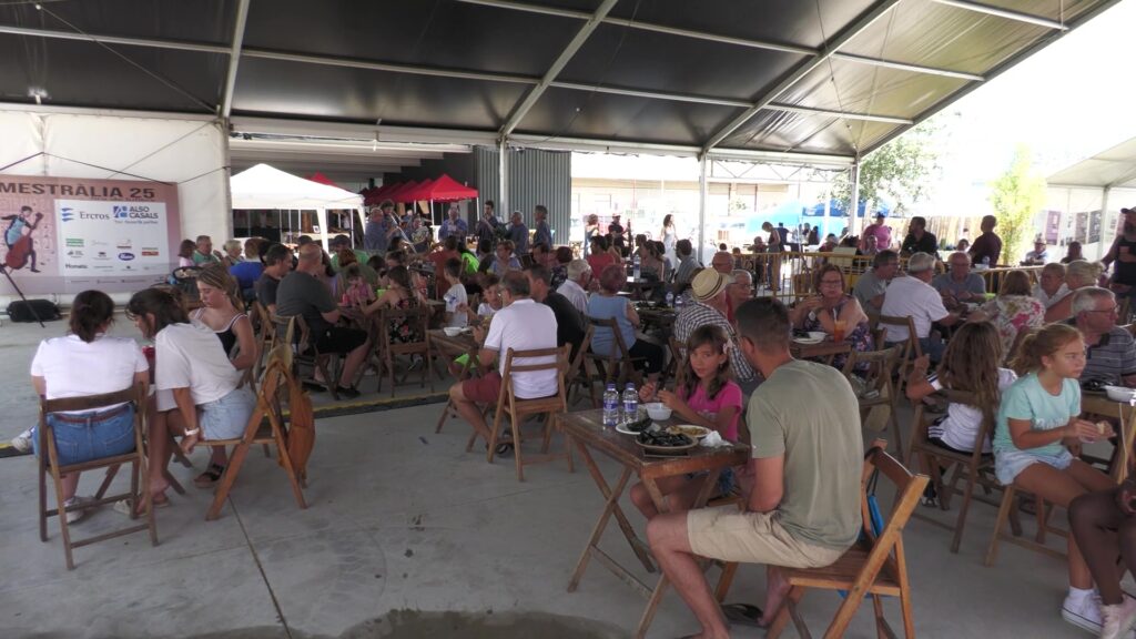 Públic assistint a la fira Mestràlia sota una carpa amb actuacions musicals a Campredó, Terres de l'Ebre.