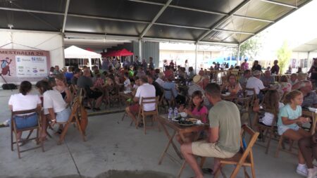 Públic assistint a la fira Mestràlia sota una carpa amb actuacions musicals a Campredó, Terres de l'Ebre.