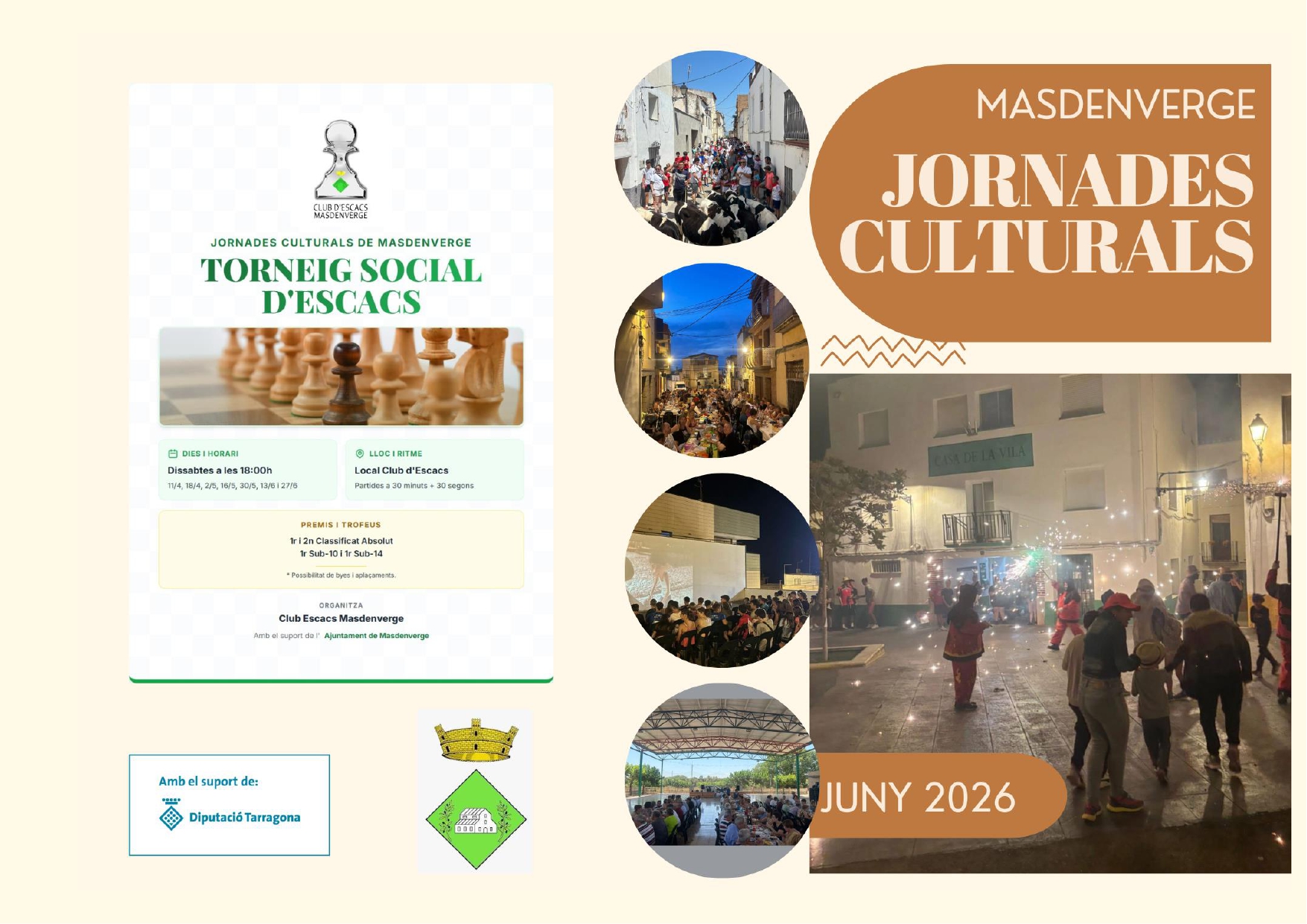 Cartell oficial de les Jornades Culturals de Masdenverge de juny de 2026 amb detalls del torneig d'escacs i imatges de festes populars.