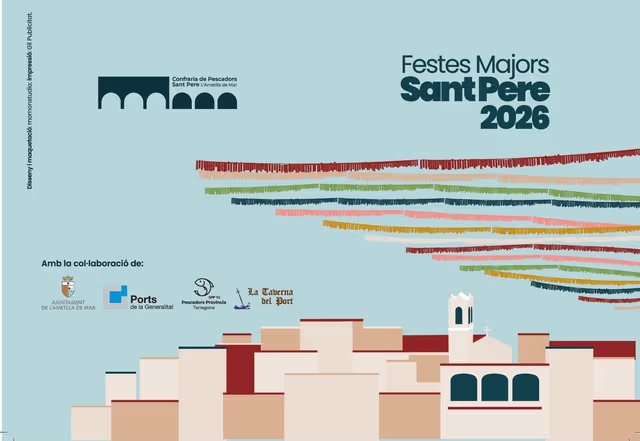 Cartell oficial de les Festes Majors de Sant Pere 2026 a l'Ametlla de Mar, amb una il·lustració del perfil marítim del municipi i tires de colors.