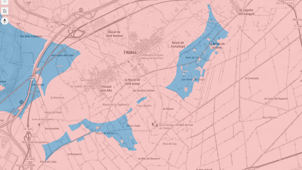 L’Ajuntament de l’Aldea planta cara al PLATER que preveu zones eòliques pròximes a dos ravals del municipi Mapa de les zones afectades pel PLATER al municipi de l'Aldea, al Baix Ebre, amb les àrees prioritàries d'energia eòlica marcades en color blau