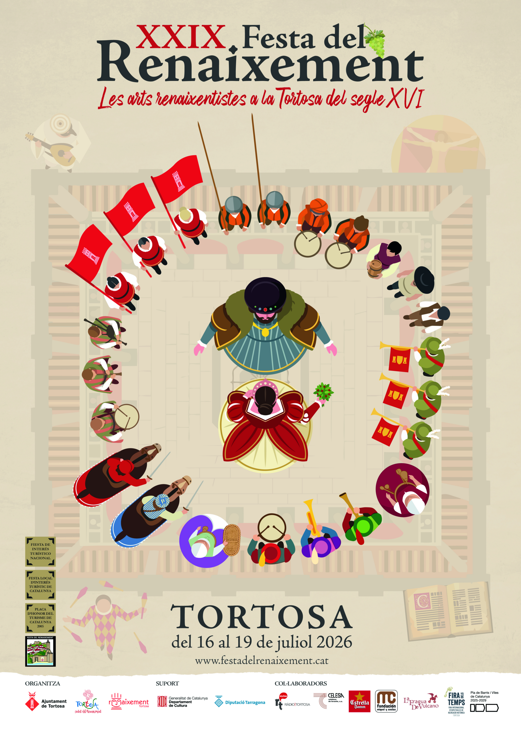 Cartell oficial de la XXIX Festa del Renaixement a Tortosa, Baix Ebre, amb una il·lustració aèria de personatges d'època en una plaça.