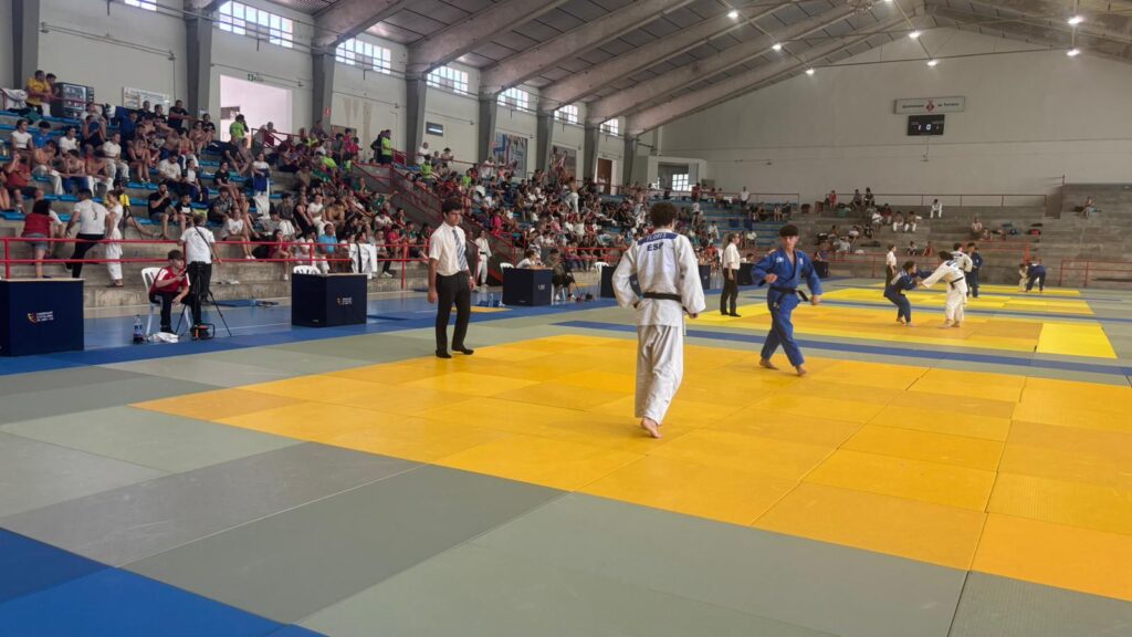 Judokes competint als tatamis del pavelló de Tortosa durant la Supercopa d'Espanya infantil i júnior al Baix Ebre.