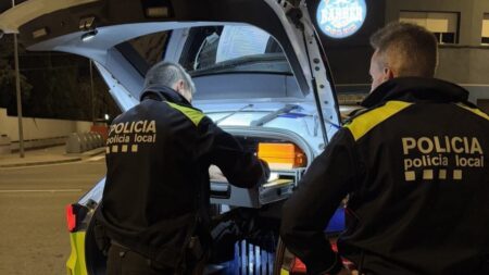 Agents de la Policia Local d'Amposta realitzant un control nocturn al municipi del Montsià