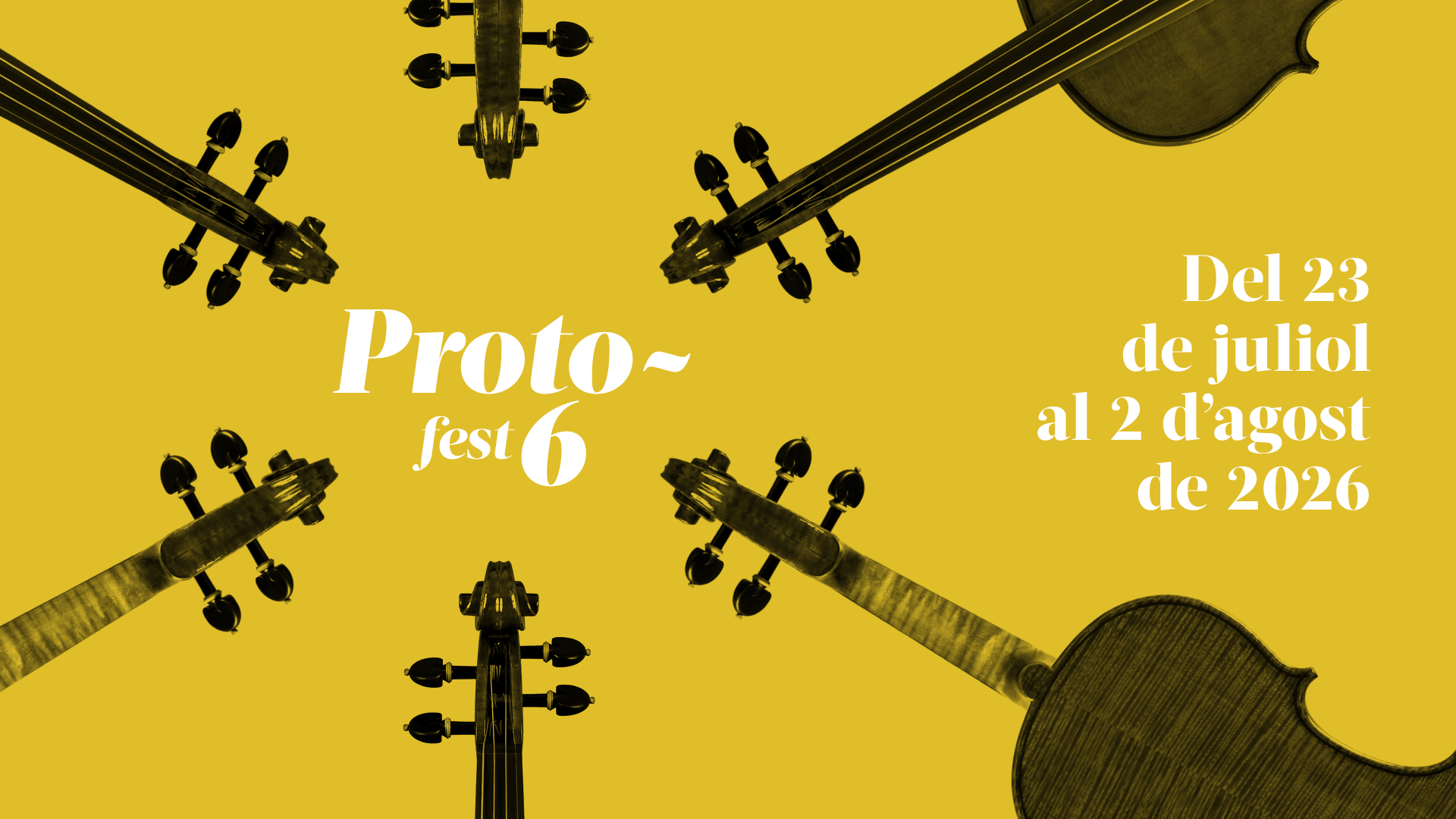 Cartell oficial del festival de música Proto-fest 6 a Tortosa, Baix Ebre, amb fons grog i detalls d'instruments de corda.