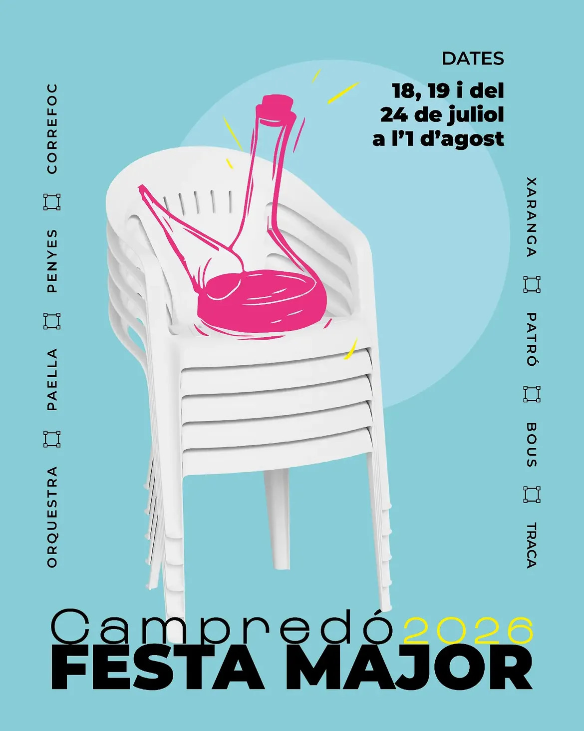 Cartell oficial de la Festa Major de Campredó 2026 amb la imatge d'un porró sobre unes cadires blanques de plàstic.