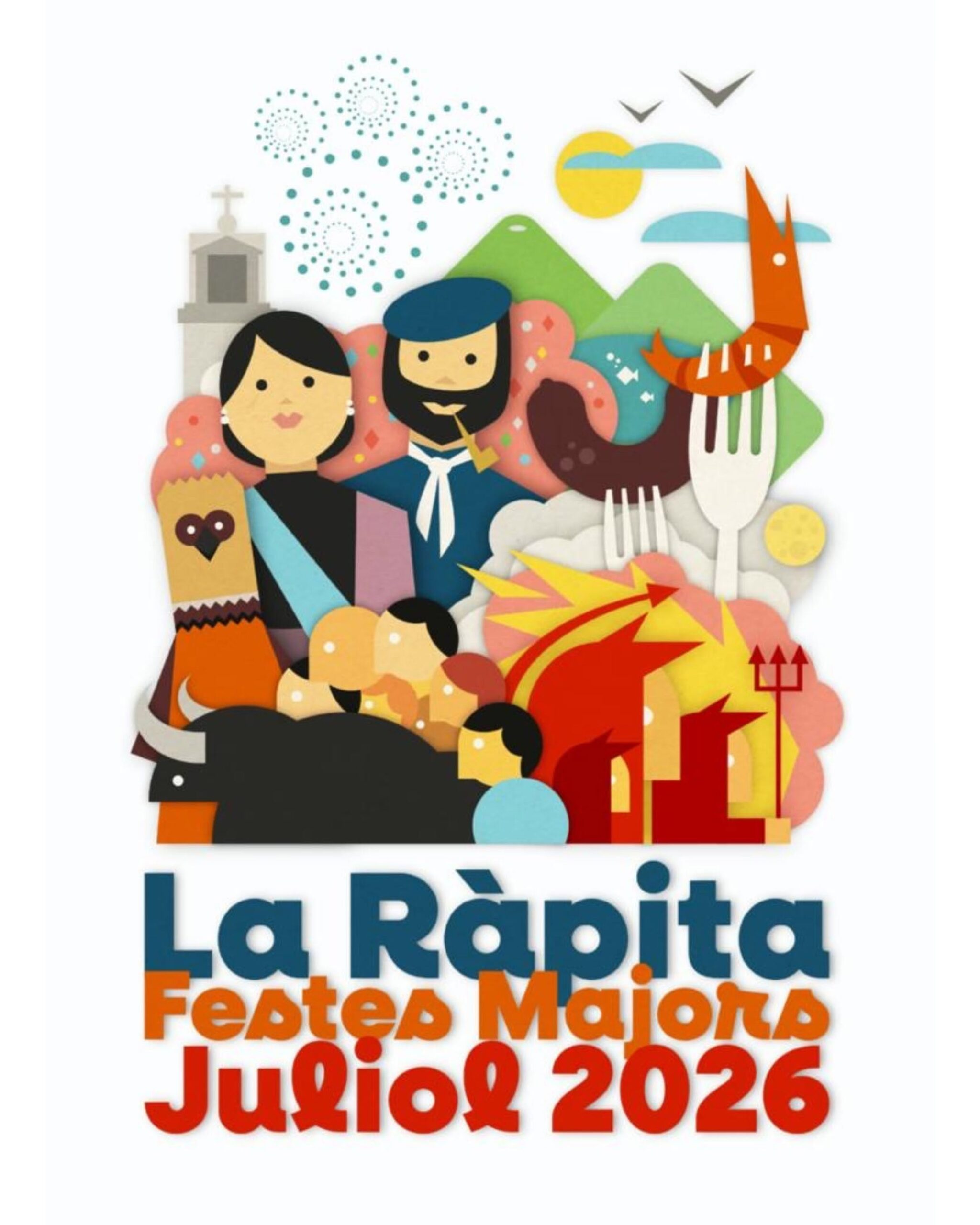 Cartell oficial de les Festes Majors de la Ràpita de juliol de 2026 amb il·lustracions de tradicions locals a les Terres de l'Ebre.