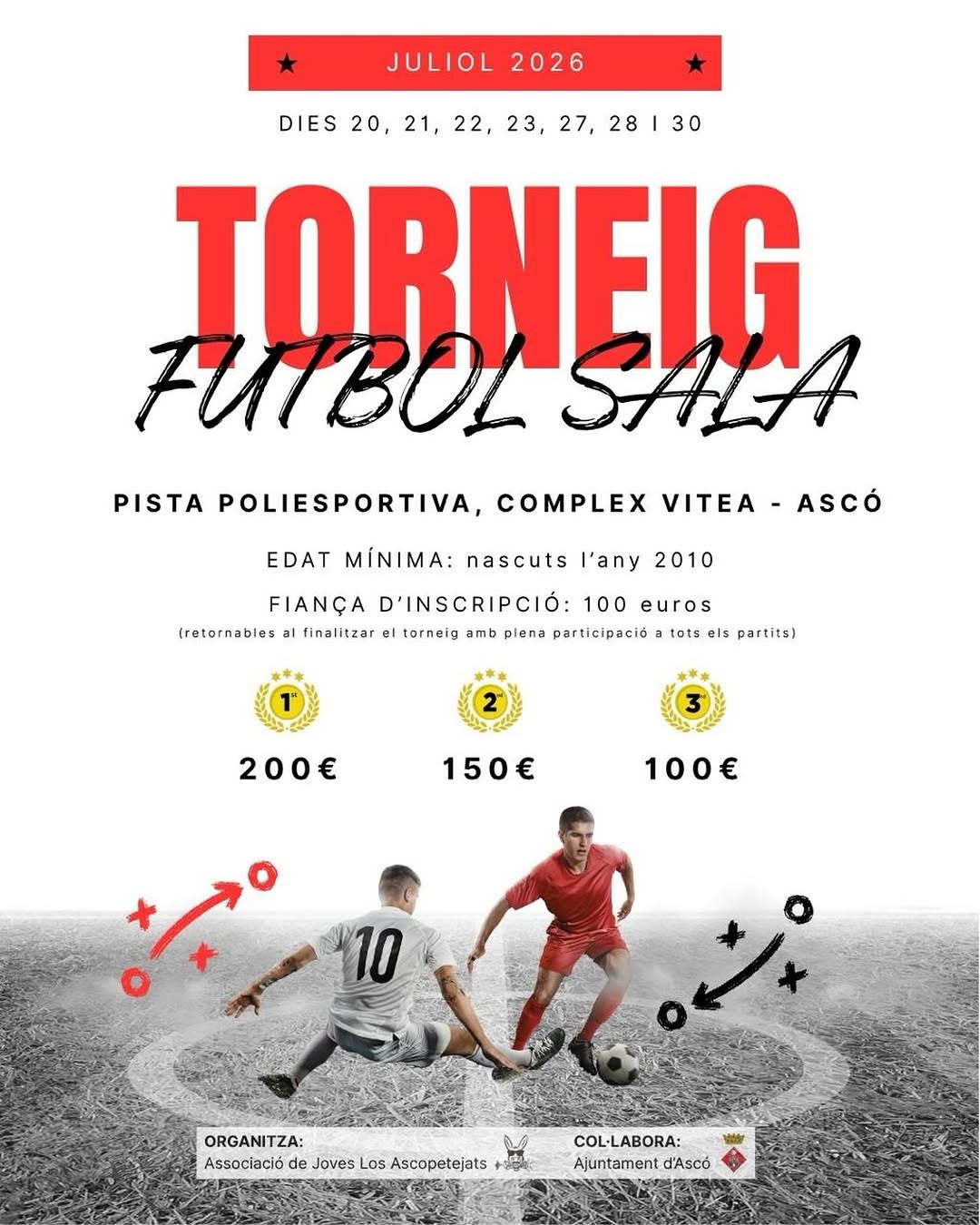 Cartell informatiu del Torneig de Futbol Sala a Ascó amb els detalls d'inscripció i premis.