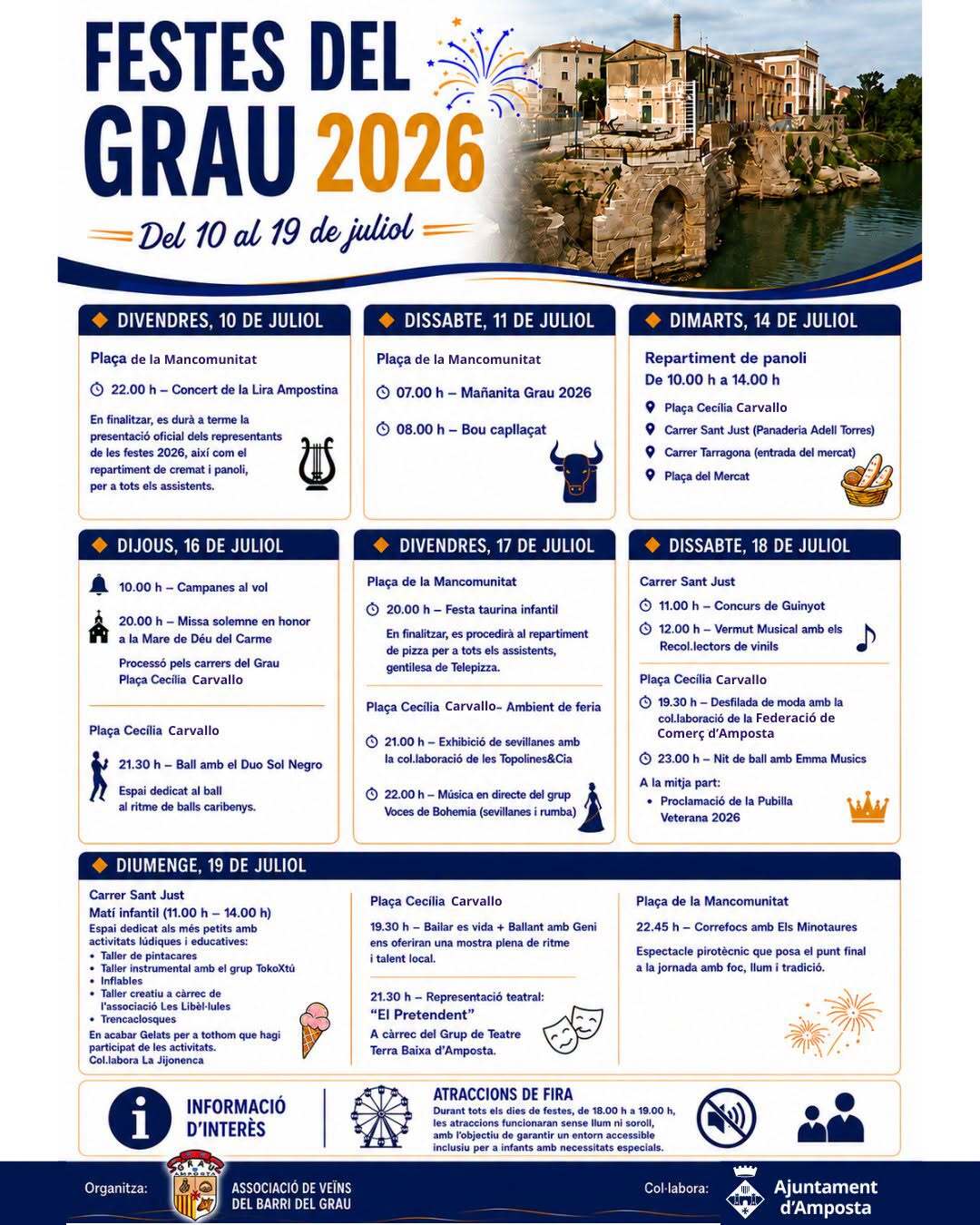 Cartell complet amb la programació de les Festes del Grau 2026 d'Amposta amb fons d'imatges del riu Ebre.