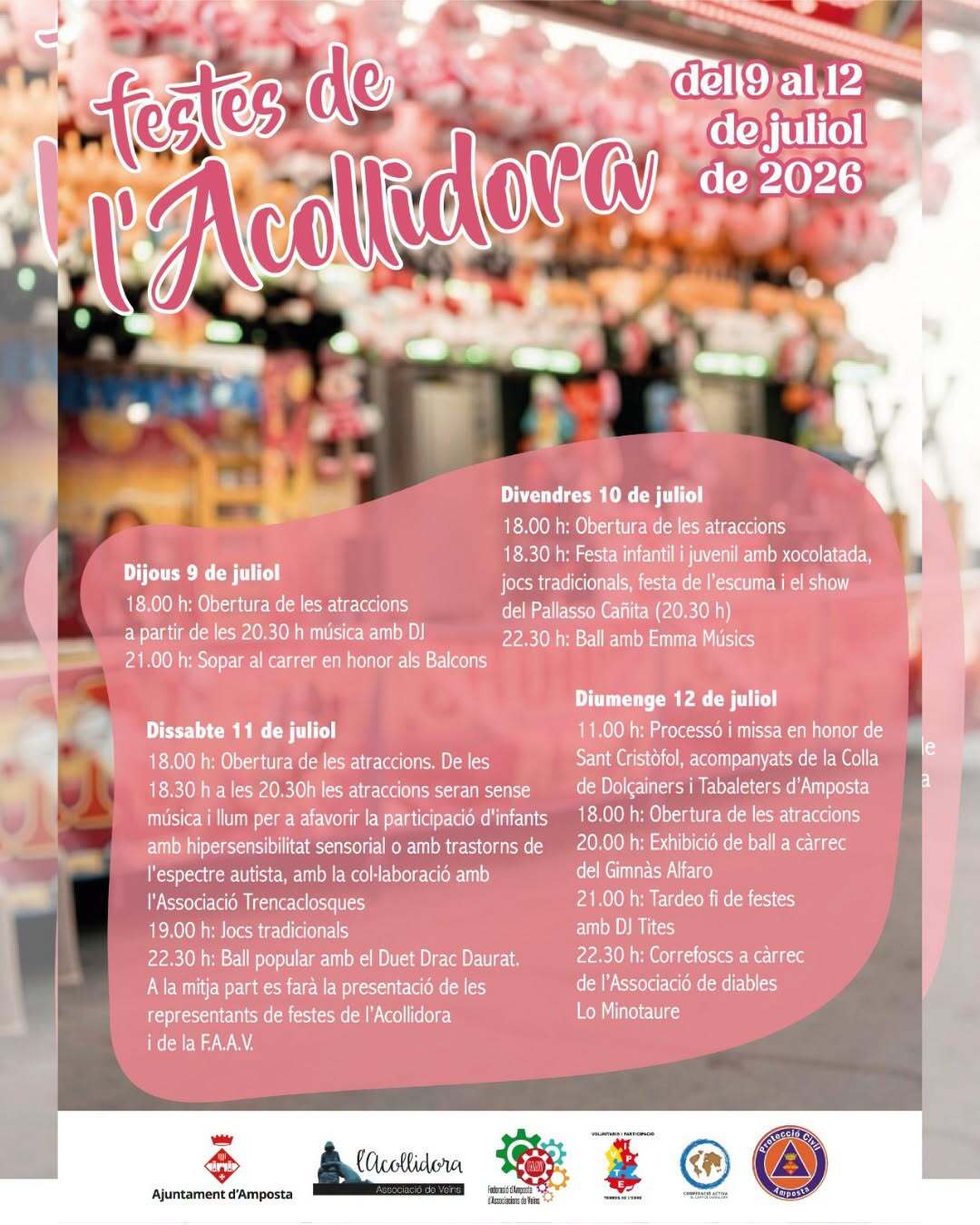 Cartell oficial de les Festes de l'Acollidora a Amposta, al Montsià, celebrades del 9 al 12 de juliol de 2026.
