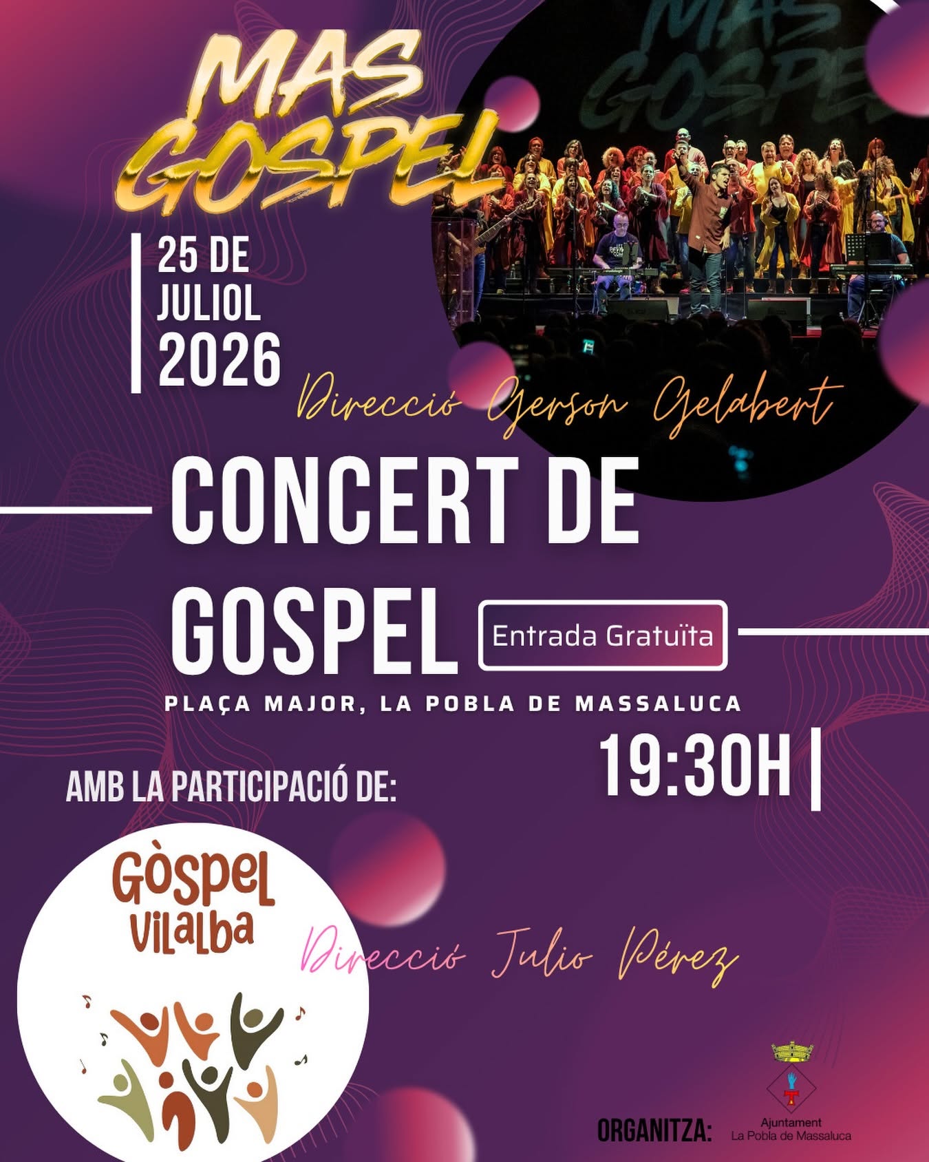 Cartell anunciador del concert de Mas Gospel i Gòspel Vilalba a la Pobla de Massaluca.