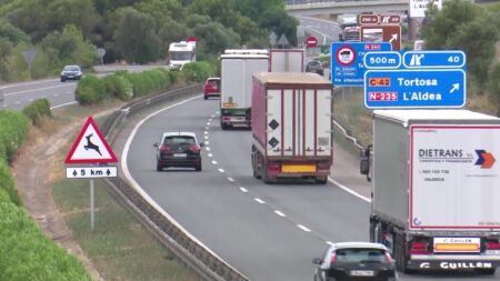 Trànsit de camions i vehicles per l'AP-7 a les Terres de l'Ebre, a l'alçada del desviament cap a Tortosa i l'Aldea