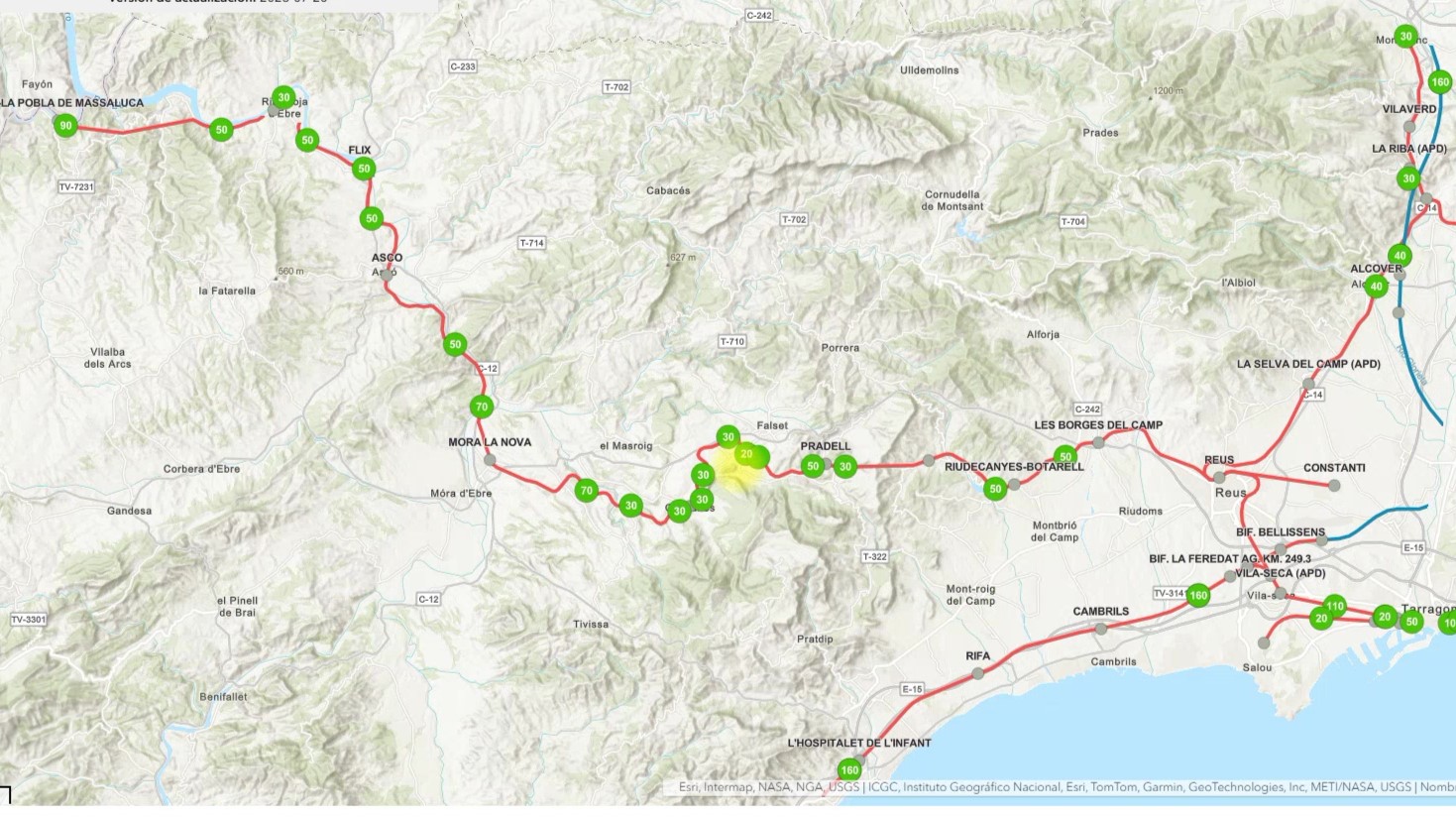 L’R15 manté 18 limitacions de velocitat entre Reus i Riba-roja d’Ebre amb un tram limitat a 20Km/h Mapa de la línia R15 de tren amb les limitacions de velocitat d'Adif entre Reus, Móra la Nova, Flix i Riba-roja d'Ebre