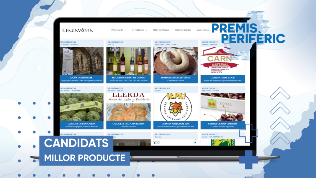 Ordinador portàtil que mostra la pàgina web de la plataforma d'Ilercavònia amb la llista de candidats a Millor Producte dels Premis PERIFÈRIC, destacant aliments i begudes de la Terra Alta i les Terres de l'Ebre.