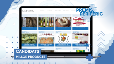 Ordinador portàtil que mostra la pàgina web de la plataforma d'Ilercavònia amb la llista de candidats a Millor Producte dels Premis PERIFÈRIC, destacant aliments i begudes de la Terra Alta i les Terres de l'Ebre.