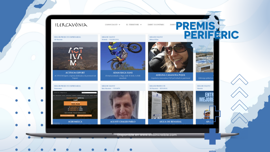 Ordinador portàtil que mostra el web dels Premis Perifèric d'Ilercavònia amb diferents projectes empresarials i de talent local a les Terres de l'Ebre i comarques veïnes.