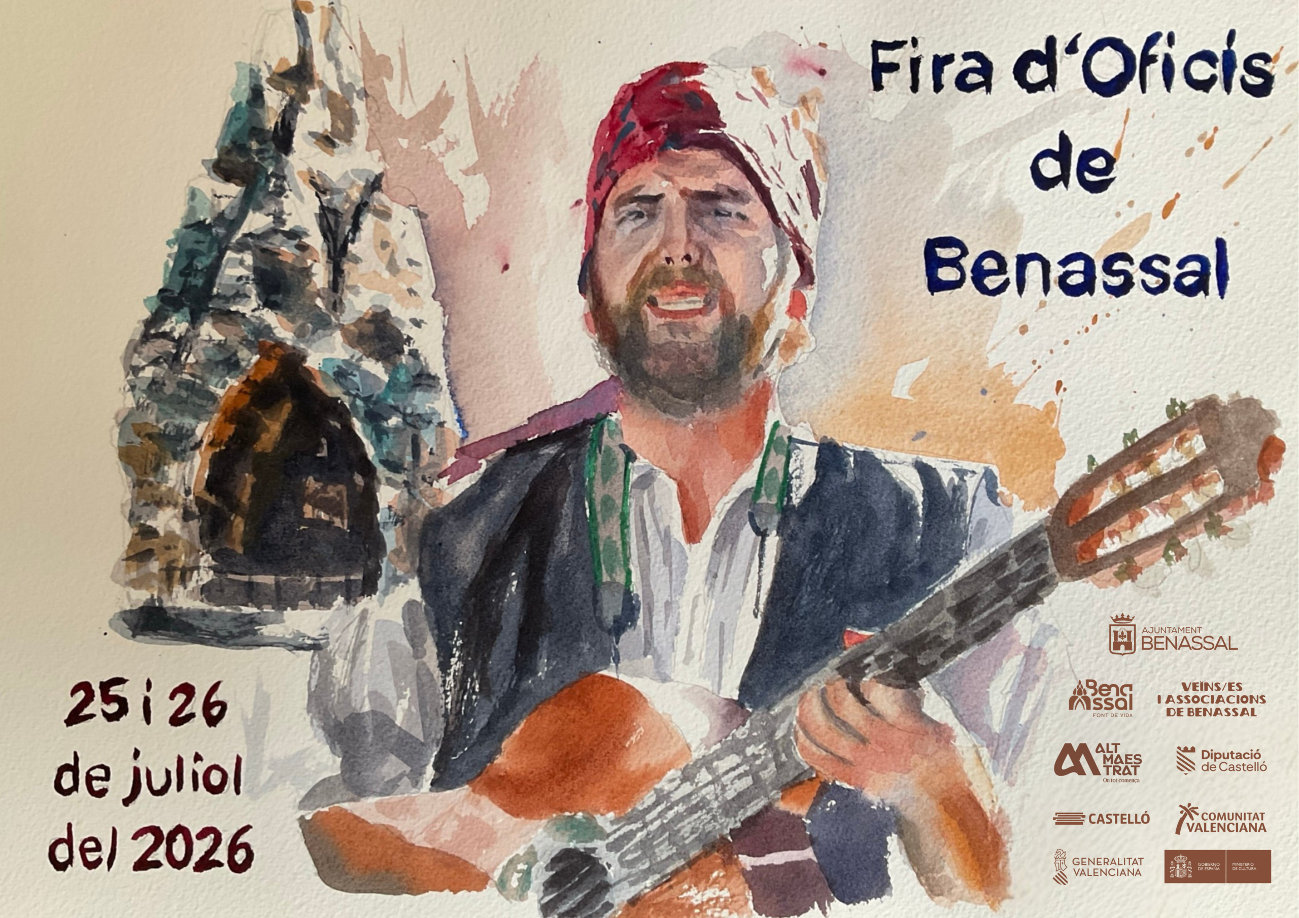 Cartell il·lustrat de la Fira d'Oficis de Benassal amb un músic tocant la guitarra.